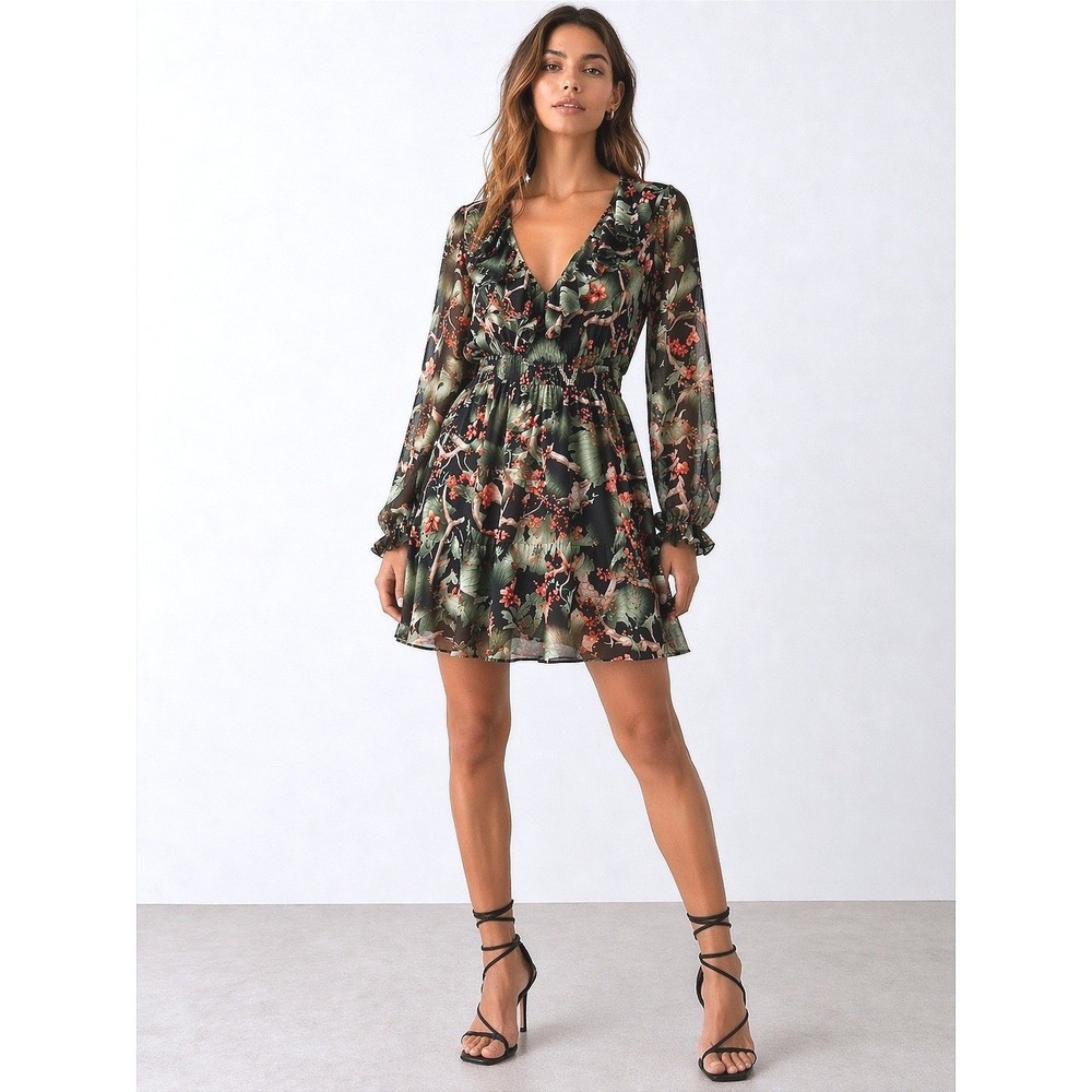 Johanna Ortiz x H&M Mini Dress Womens Small Black Tropical Floral Ruffle Smocked